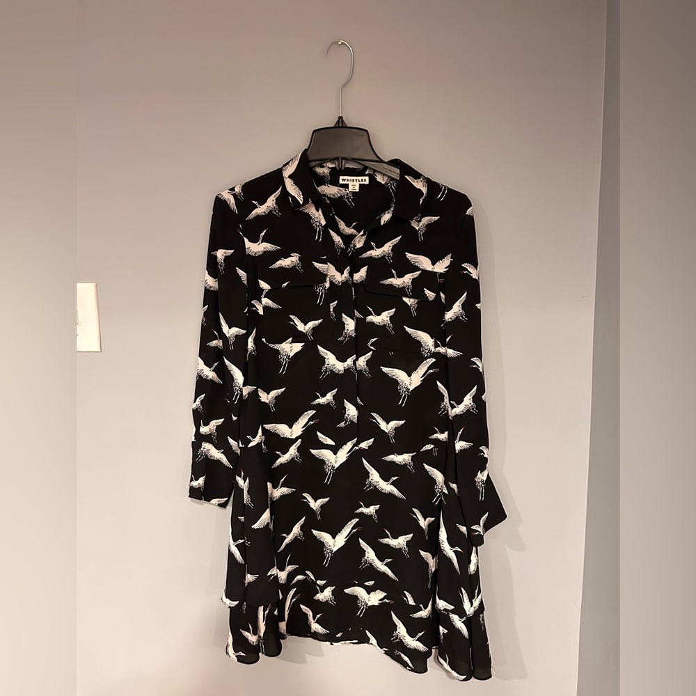 Whistles Black and White Bird Print Long Sleeve Dress